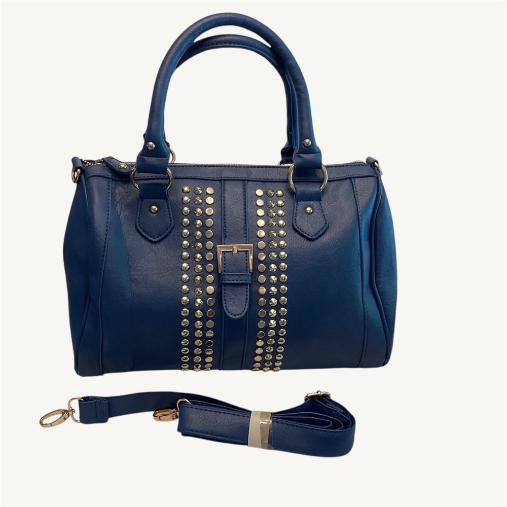 Blue Black Rivit vegan leather shoulder bag with extra long strap